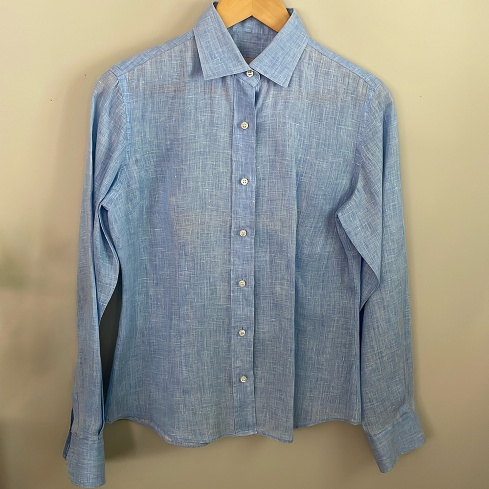 Mazzarelli In Pink Women Long Sleeve Button Light Blue Linen 42 Made In Italy